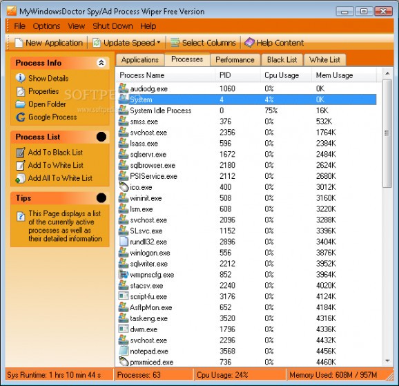 MyWindowsDoctor Spy/ Ad Process Wiper Free Version screenshot
