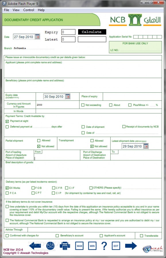 NCB Bank LC Form screenshot