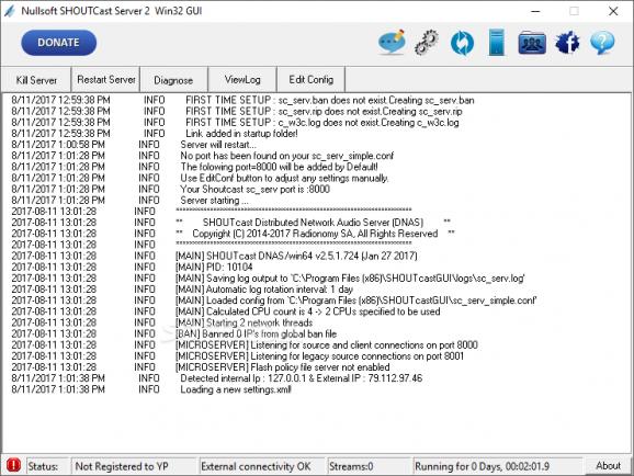 Nullsoft SHOUTcast Server GUI screenshot