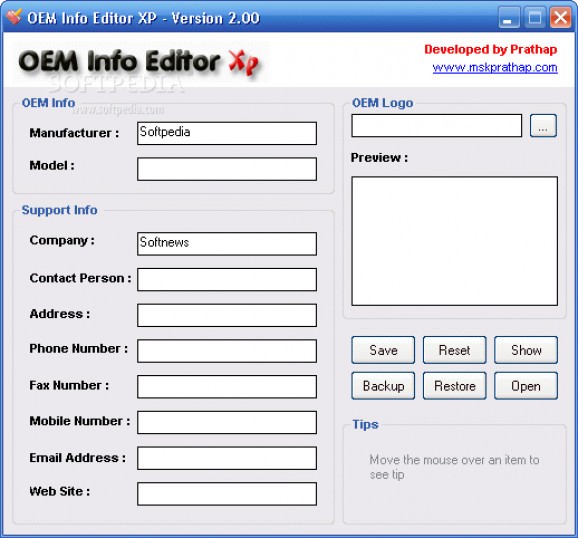 OEM Info Editor XP screenshot