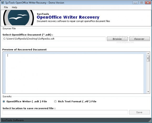 Open Office Writer Recovery screenshot