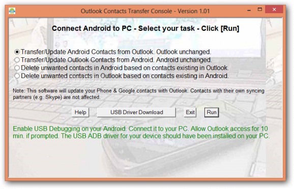 Outlook Contacts Transfer Console screenshot