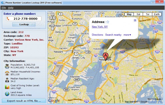 Phone Number Location Lookup 2011 screenshot