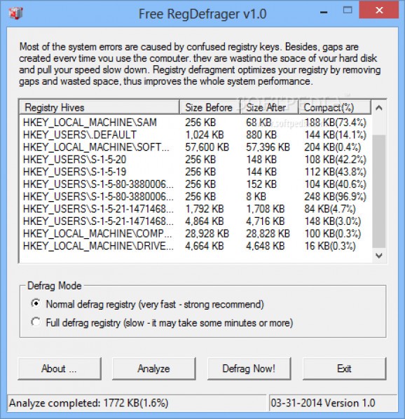 Portable Free RegDefrager screenshot