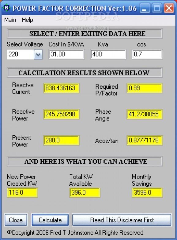 Power Factor Correction Calculator screenshot