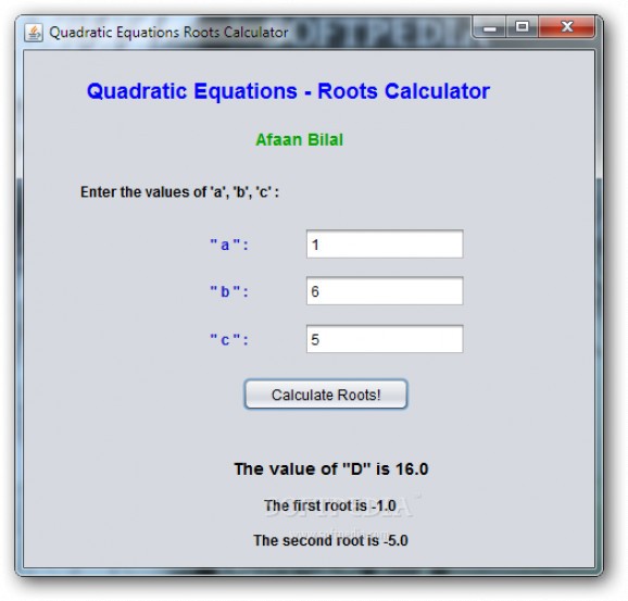 Quadratic Equations Roots Calculator screenshot