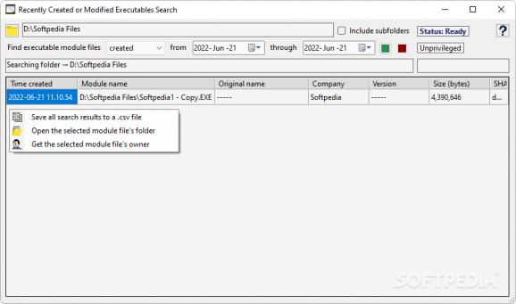 Recently Created or Modified Executables Search screenshot