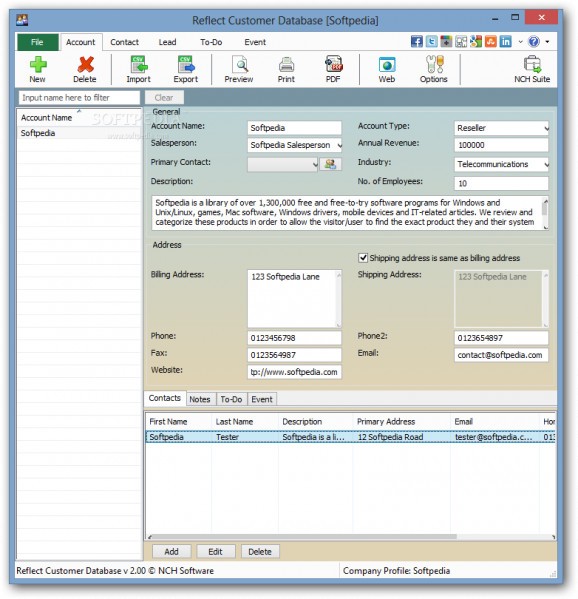 Reflect Customer Database screenshot