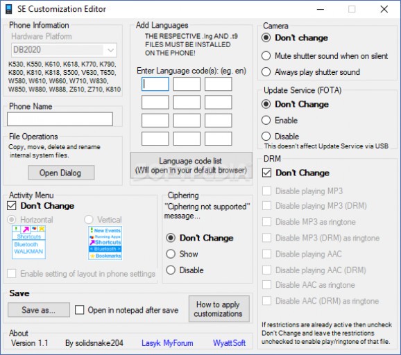 SE Customization Editor screenshot