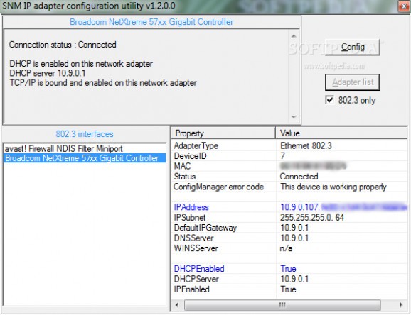 SNM IP adapter configuration utility screenshot