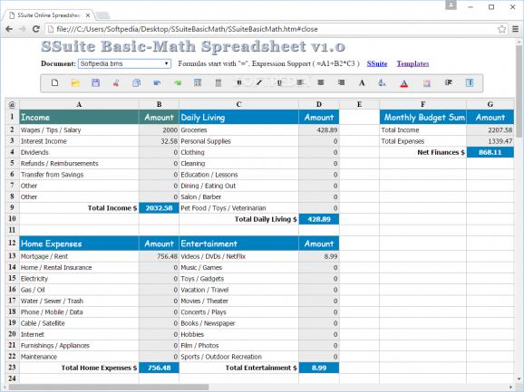 SSuite Basic-Math Spreadsheet screenshot