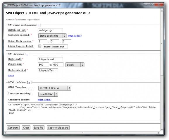 SWFObject 2 HTML and JavaScript generator screenshot