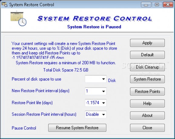 System Restore Control screenshot