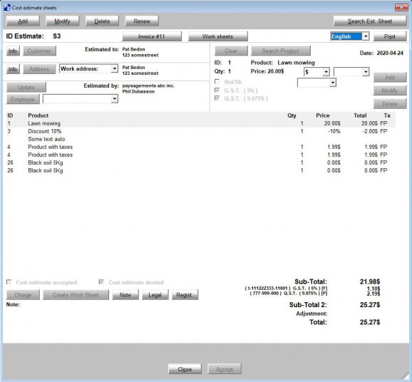The Cost Estimation & Invoice Manager screenshot
