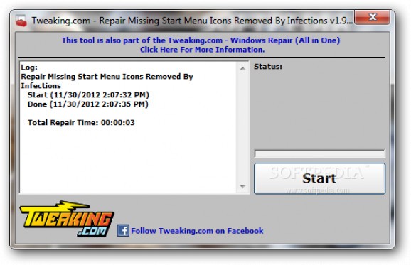 Tweaking.com - Repair Missing Start Menu Icons Removed By Infections screenshot
