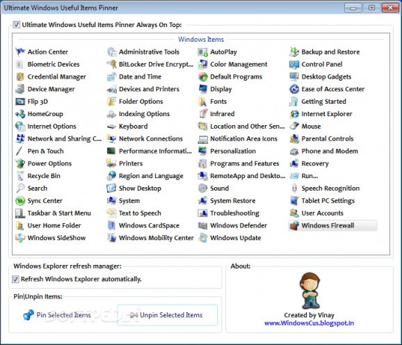 Ultimate Windows Useful Items Pinner screenshot