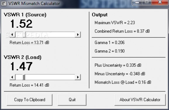 VSWR Mismatch Calculator screenshot