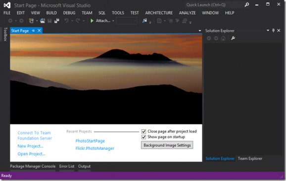 Visual Studio Photo Start Page screenshot