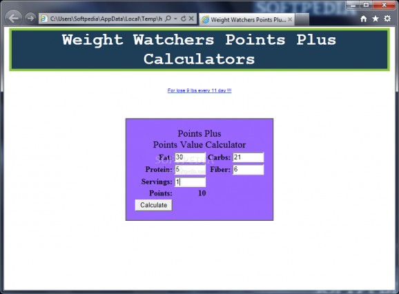 Weight Watcher Points Plus Calculator screenshot