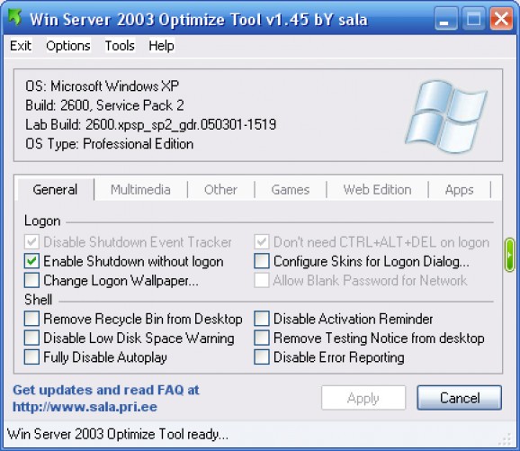 Win 2003 Optimize Tool screenshot